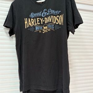 Harley-Davidson Black Tee with Gold and Blue Print